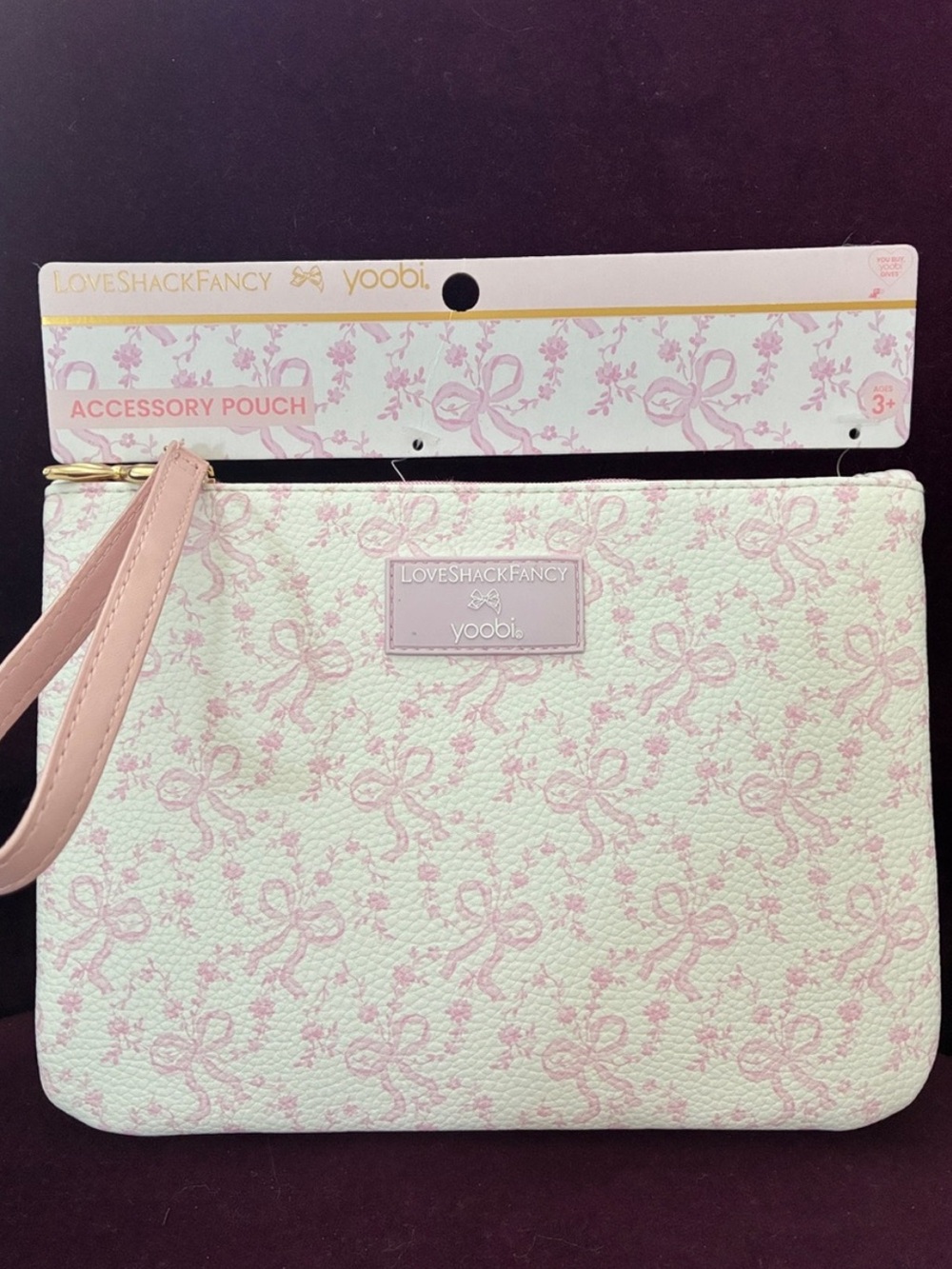 LoveShackFancy Pink and Cream Bow Print Wristlet Pouch or Pencil Case